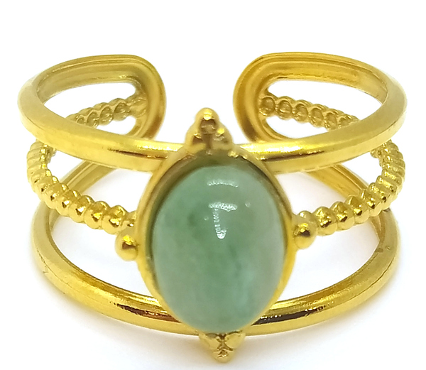 Bague multi rangs réglable en acier inoxydable doré sertie d 'une Aventurine.